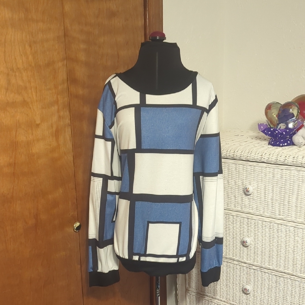 Geometric Blue and White Sweater